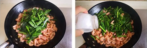 韭菜炒河虾的家常做法，艳红的河虾配上翠绿的韭菜